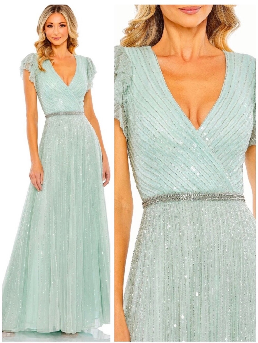 Mac Duggal 5502 NWT Size 8 Elegant Light Green Mint Sea Mist Sequin V-Neck Gown